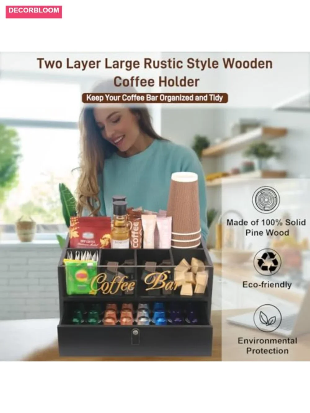2-Tier Coffee Bar Organizer with Acrylic Top and Built-in Drawer, Solid Wood
